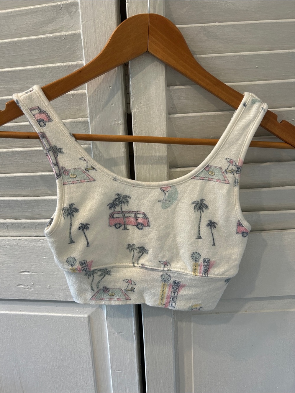 Z Supply White Cropped Tank Top with Pastel Beach Print